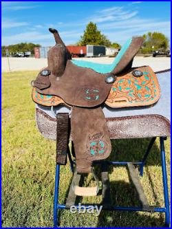 10 12 13 Western Turquoise Kids-Youth Barrel Saddle With Floral Tooled