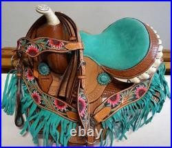 10 12 Barrel Trail Show Saddle TEAL Seat Floral HSBP-Fringe Mini /Pony Option