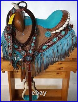 10 12 Barrel Trail Show Saddle TEAL Seat Horse Ombre Fringed BP Headstall 4p