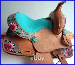10 12 Pony Mini FLORAL TEAL Trail Barrel Pleasure Saddle Youth Option of HSBP