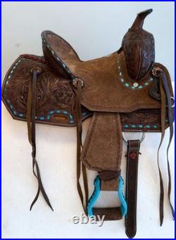 12/ 10 Western Barrel Show Saddle Turq Buck Stitch Brushed Tooled Full QH bars