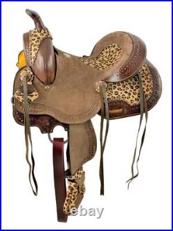 12 Double T Hard Seat Barrel style saddle with Cheetah Seat and leather tassel