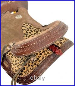 12 Double T Hard Seat Barrel style saddle with Cheetah Seat and leather tassel