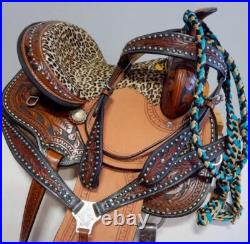 12 Pony Med Barrel Pleasure Saddle Cheetah printed Hairon Seat 4pc New Sample