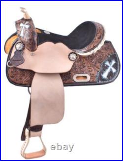 13 Double T Barrel style horse saddle with hand painted cross design