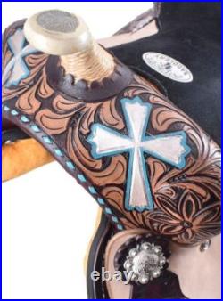 13 Double T Barrel style horse saddle with hand painted cross design