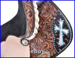 13 Double T Barrel style horse saddle with hand painted cross design