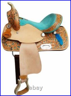 13 Double T Youth Saddle with Turquoise Seat and Painted Feather Accents