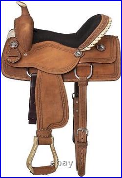 13 Inch Youth Roughout Western Saddle with Barbwire Tooling-Rawhide Laced Cantle
