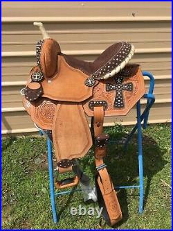 13 Silver Royal Midnight Run youth western barrel saddle withsuede cross overlay
