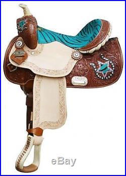 13 Teal Double T Youth Pony Saddle w Hair-on Zebra Print Seat & Accents