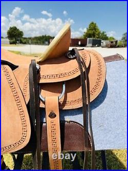 14 15 16inch Western Border Tooled Rough Out Barrel Saddle With Long Stripes