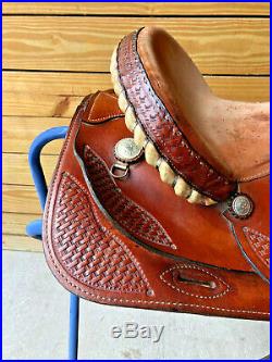 14 1/2 Western Saddle w Basketweave Tooling and Rawhide Laced Cantle