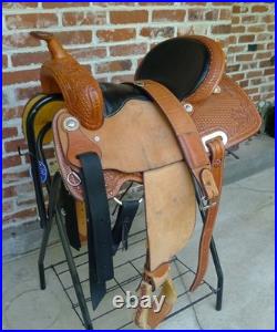 14.5 Western Barrel Saddle BWith5 Petal, SRS by Paul Taylor Saddle Co. Back Cinch