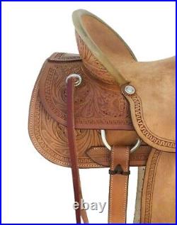 14 Inch Western Brown Rough Out Leather Hand carved Roper Ranch Saddle
