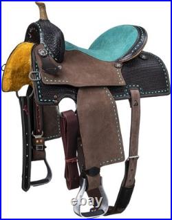 14 Western Saddle Dark Oil Roughout Turquoise Suede Seat Buckstitching