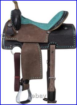 14 Western Saddle Dark Oil Roughout Turquoise Suede Seat Buckstitching
