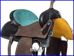 14 Western Saddle Dark Oil Roughout Turquoise Suede Seat Buckstitching