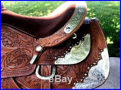 14 Youth Adult Saddle ShOw Medium Oil FULL SILVER TOOLED Western 4pc Set Tack