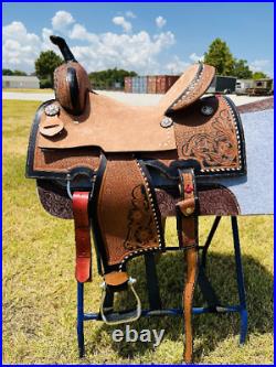 151617Adult Western Horse Barrel Saddle, Floral Tooled Leather With Conchos