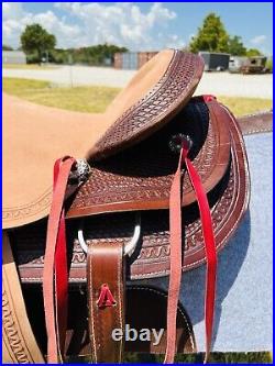 151617 Adult Western Handcrafted Basket, Tooled Horse Saddle With Red Laces