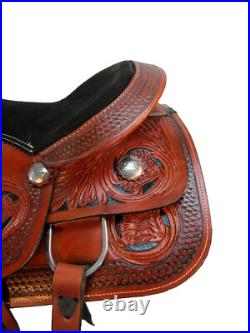 15 16 Roping Saddle Western Horse Pleasure Floral Tooled Cowboy Leather Tack Set