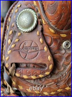 15 Buck Stitch Longhorn Tooled Leather Western Saddle & Matching Back Cinch