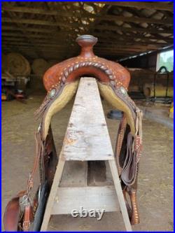 15 Buck Stitch Longhorn Tooled Leather Western Saddle & Matching Back Cinch