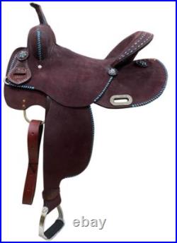 15 CIRCLE S Barrel style horse saddle with Teal buck stitch accents
