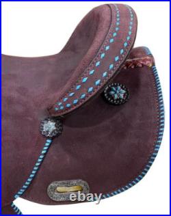15 CIRCLE S Barrel style horse saddle with Teal buck stitch accents