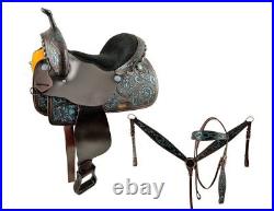 15 Economy Barrel Horse Saddle Set with floral tooling and painted teal accents