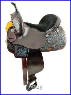 15 Economy Barrel Horse Saddle Set with floral tooling and painted teal accents