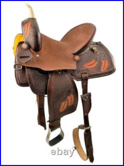 15 Hard Seat Barrel style western horse saddle with Basket and feather tooling