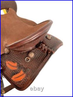 15 Hard Seat Barrel style western horse saddle with Basket and feather tooling