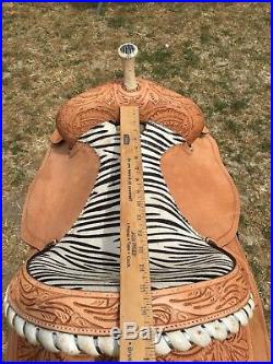 15 Western barrel saddle withhair-on zebra print seat, striped conchos