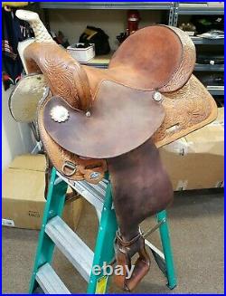 16 Circle Y Barrel Racing Saddle Rough Out Seat with Leather Tooling