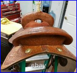16 Circle Y Barrel Racing Saddle Rough Out Seat with Leather Tooling