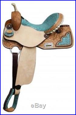 16 Double T barrel style saddle with TEAL filigree print seat! NEW HORSE TACK