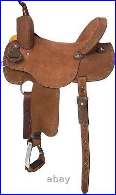 16 Inch Western Roughout Leather Barrel Saddle Turquoise Buchstitched