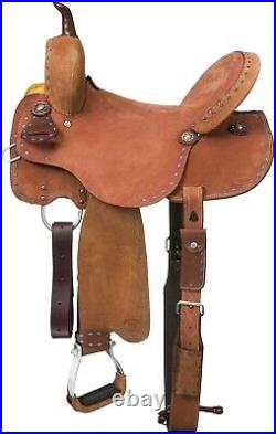 16 Inch Western Roughout Leather Barrel Saddle Turquoise Buchstitched