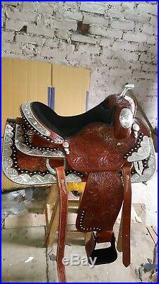 16 Inch Western Saddle Fully Tooled Show Saddle with Silver Corner & Canchos