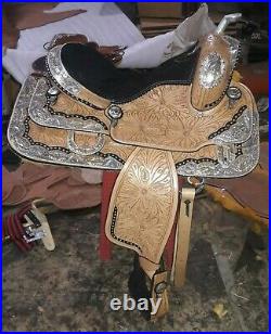 16'' New western saddle fully show saddle with silver corner canchos