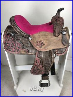 16 Western Leather Barrel Pleasure Trail Black Pink Horse Saddle Set Tack