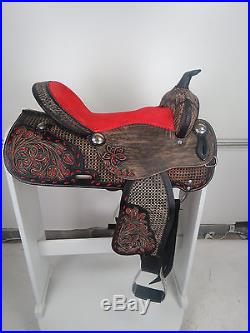 16 Western Leather Barrel Pleasure Trail Black Red Tooled Horse Saddle Tack Set