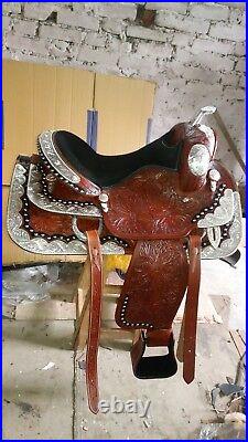 16'' Western Saddle Fully Tooled Show Saddle with Silver Corner & Canchos
