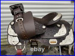 17 dark oil Western show saddle with tooled light oil leather, raised star silver
