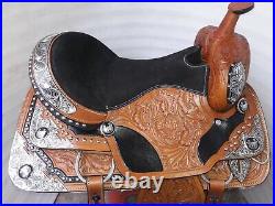 17''leather western saddle fully show saddle with silver corner canchos