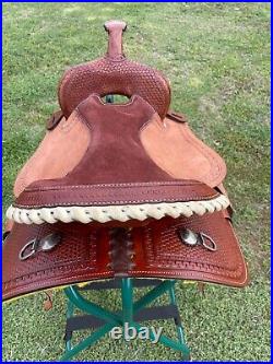 Adult Western Horse Barrel Saddle Basket Weave tooled With Tack set 15 to 18