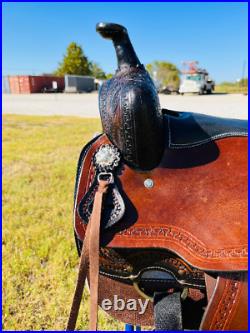 Adult Western Horse Barrel Saddle Floral Tooled Leather Black Seat 15 to 17