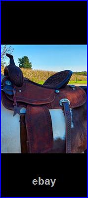 Alamo Brown Tooled Leather Western Horse Saddle with Turquoise Conchos